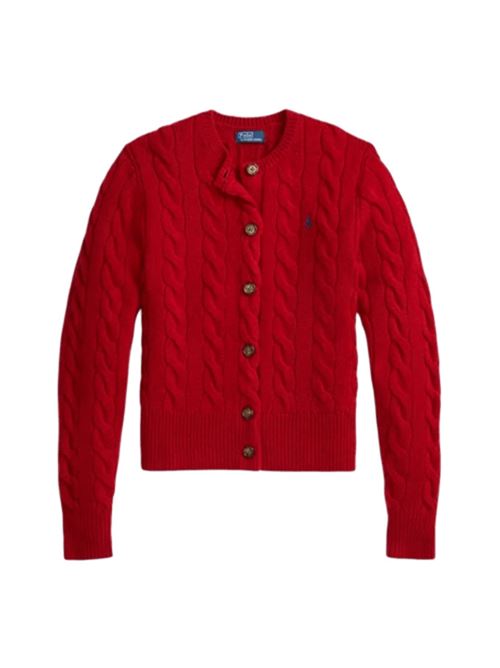 Cardigan da donna in misto lana e cashmere con lavorazione a trecce, girocollo, colore rosso POLO RALPH LAUREN | 211972104013